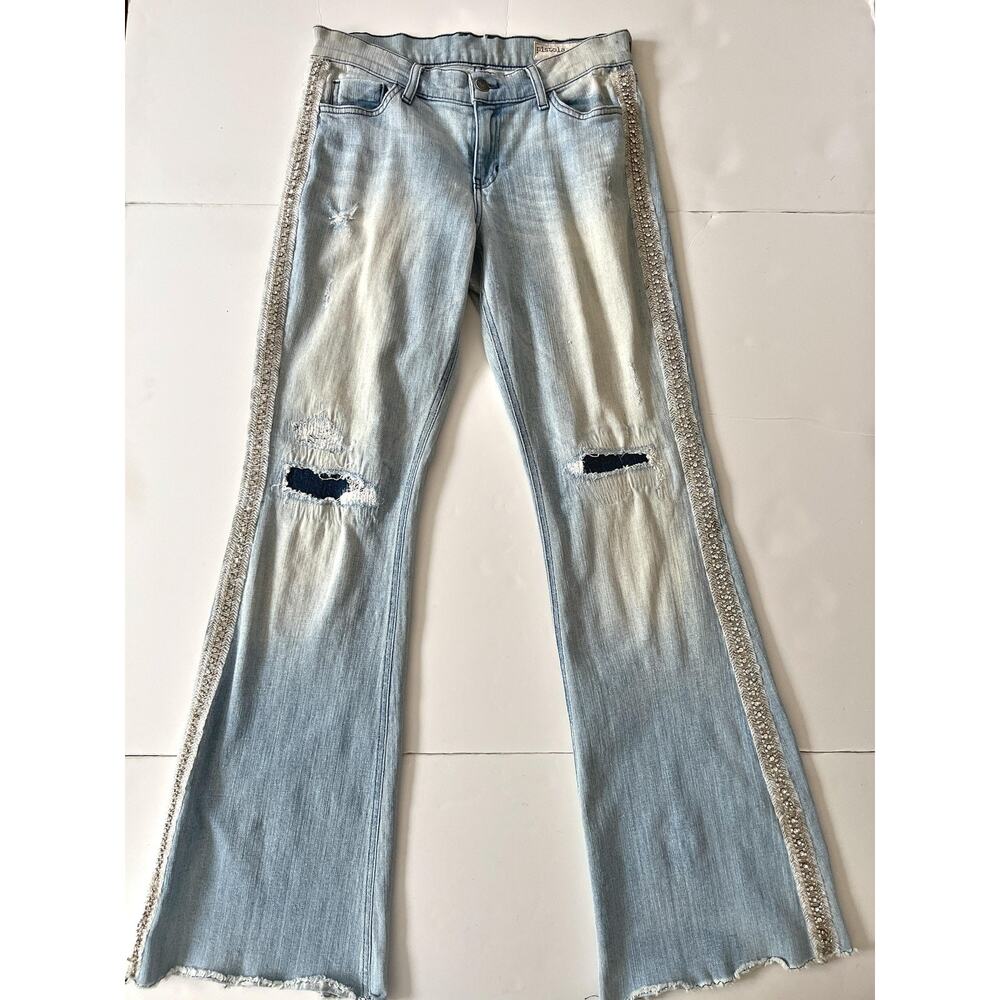 Pistola Jeans Womens 28 Blue Wash Flare Distressed Rhinestone Beaded Side Trim